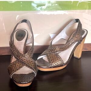 Vintage Frye Bronze Beaded Open Toe Slingback Wood Platform Heeled Sandal Sz 8.5